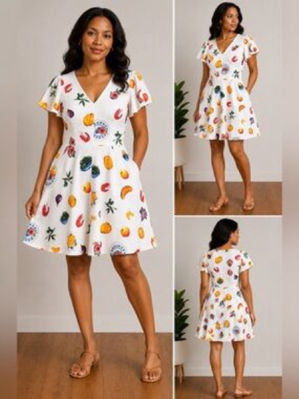 J. Crew White V-Neck Fruit & Seafood Print Flutter Sleeve Dress